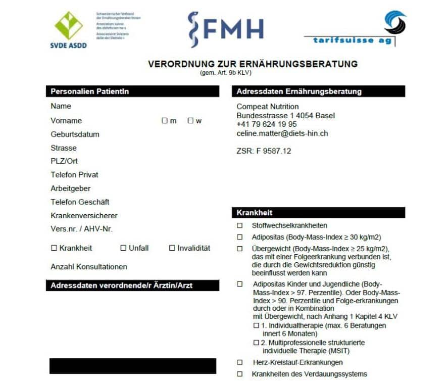 Offizielles Verordnungsformular für die Ernährungsberatung mit den Kontaktdaten von Compeat Nutrition
